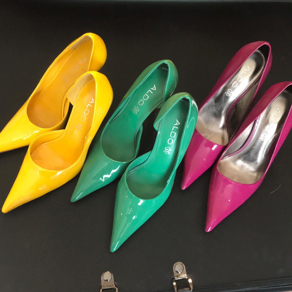 Aldo Heels green & yellow worn 1x, fuchsia 2x